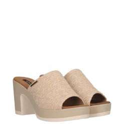 Ciabatte con Tacco Donna Beige Rafia