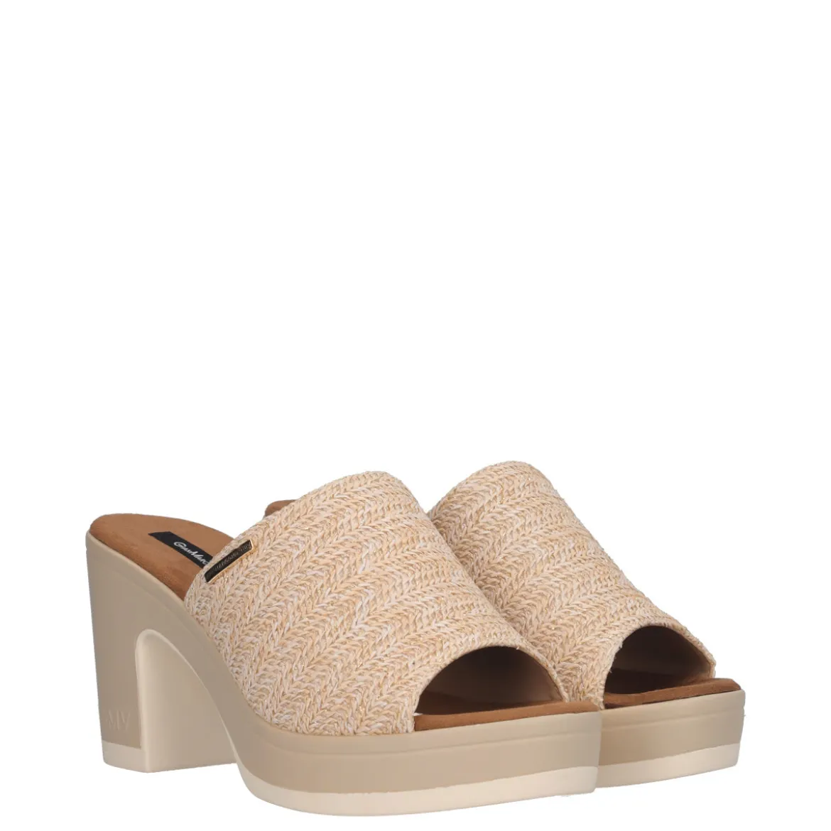 Ciabatte con Tacco Donna Beige Rafia